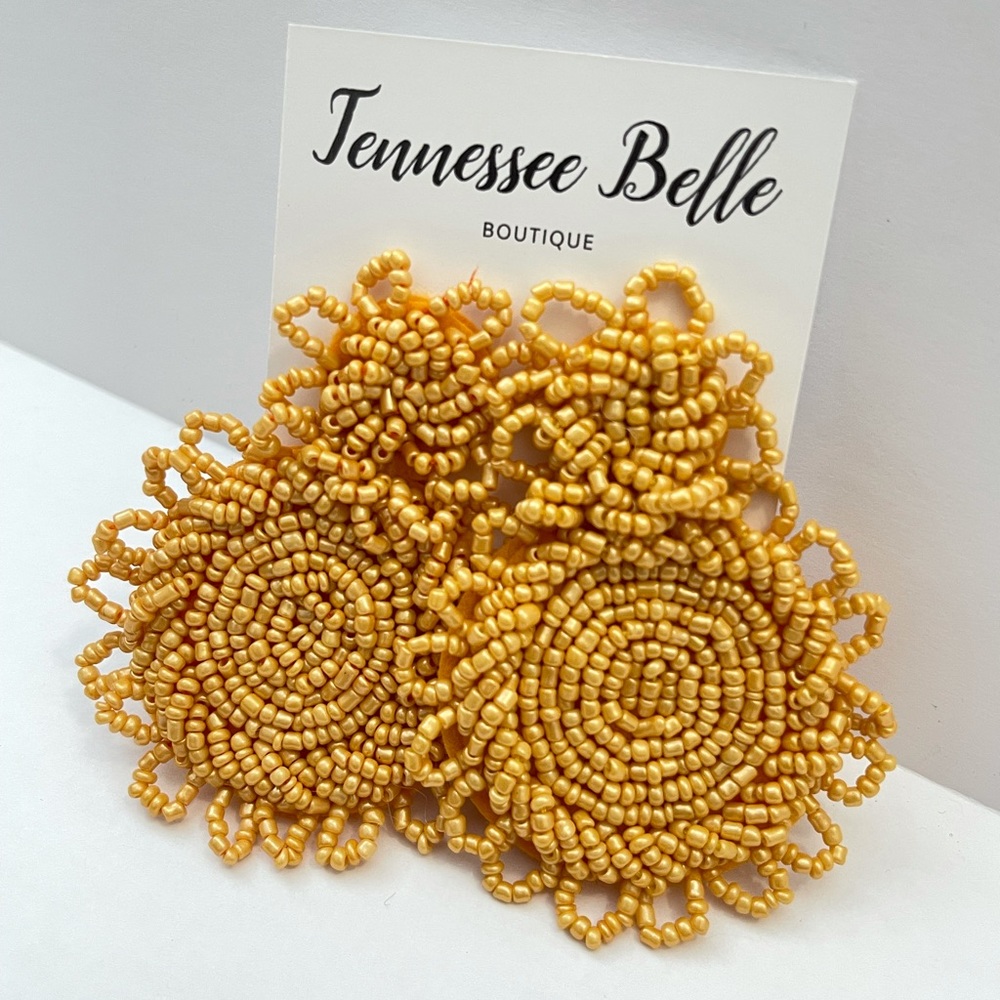 Yellow Gold Beaded Circle Statement Earrings